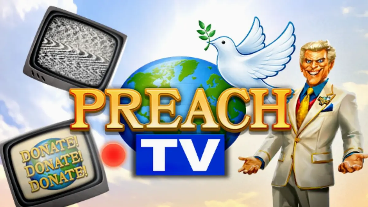 Tampilan antarmuka slot Preach TV dengan nuansa studio televisi retro.