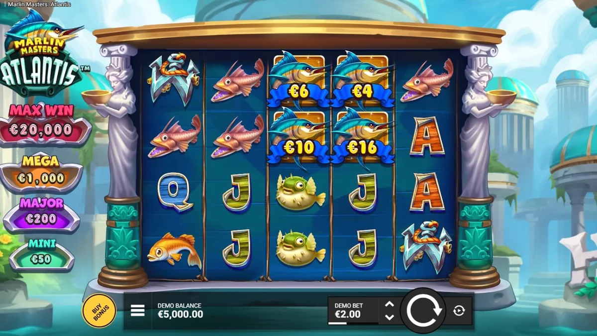 Marlin Masters Atlantis slot gameplay showing the trident-wielding fisherman and sunken city background