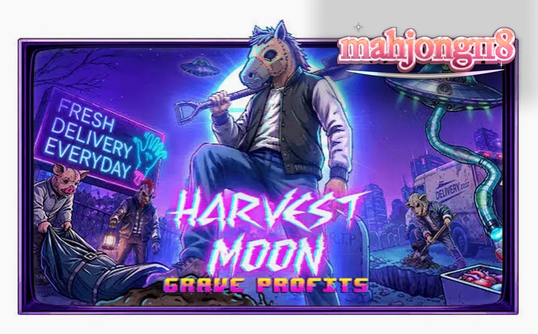Tampilan visual slot Harvest Moon Grave Profits dengan tema horor sci-fi yang gelap.